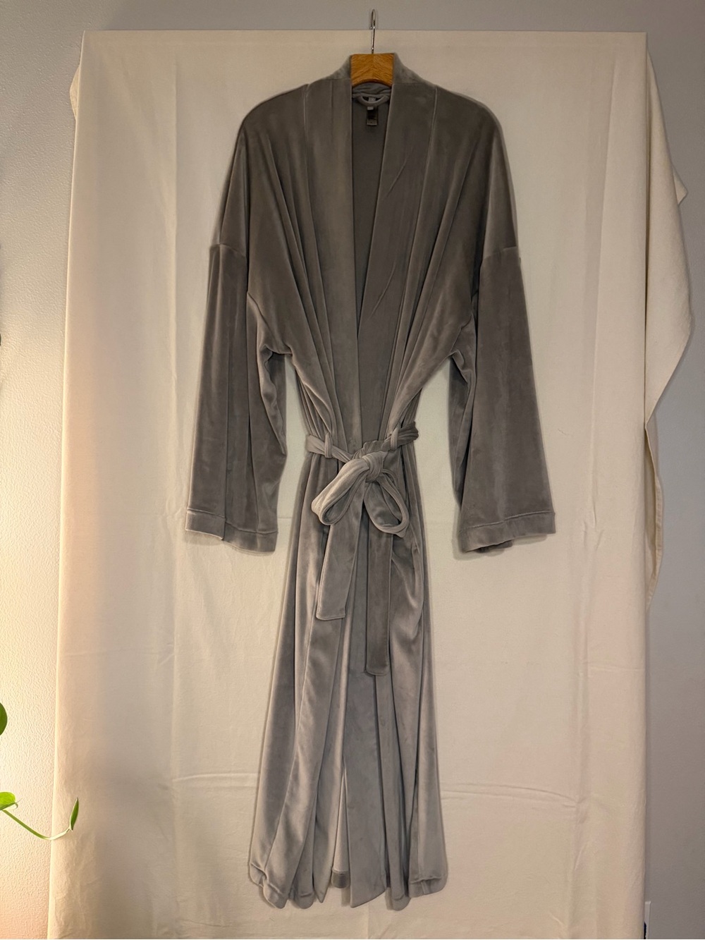 SKIMS Plush Velour Long Grey Robe with Tie Belt